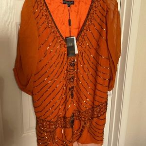 Orange sequined n beaded short sleeve tunic